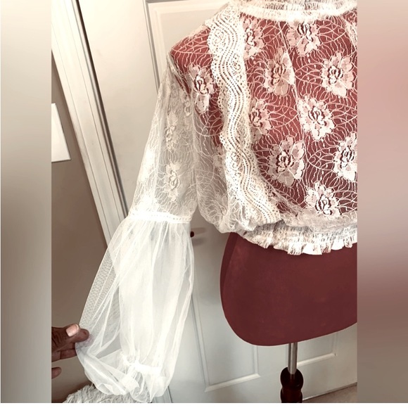 LACE HIGH NECK FULL BALLOON SLEEVE BLOUSE - Picture 2 of 8